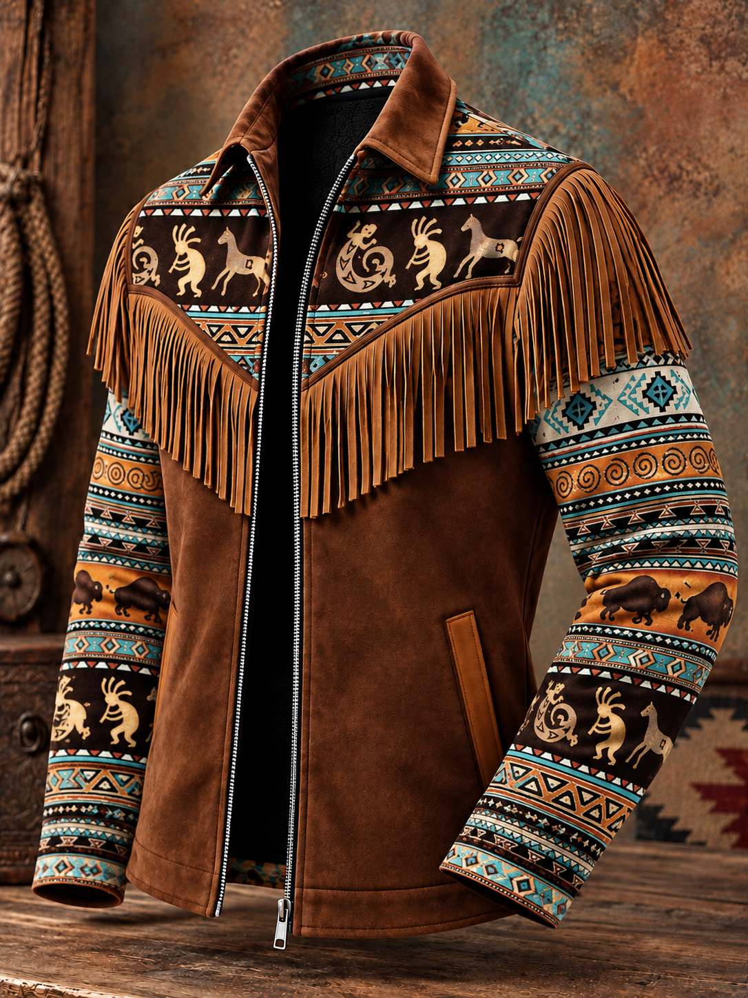 Men's Western Style Art Print Vintage Long Sleeve Fringe Jacket